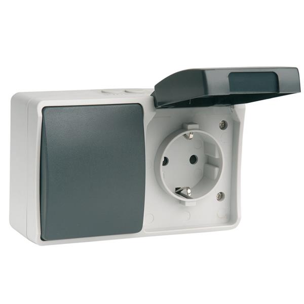 INTERRUPTOR / CONMUTADOR + BASE ENCHUFE GRIS ESTANCO